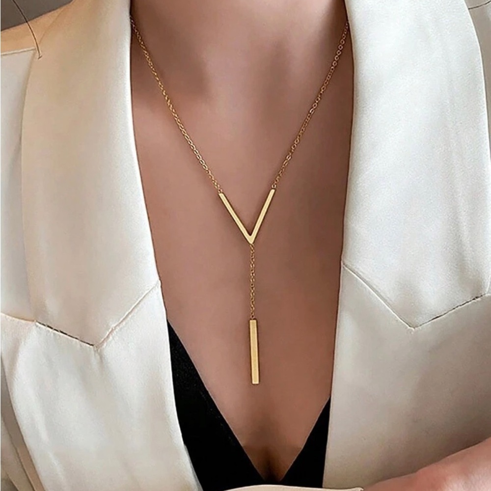 Gold Plated Stainless Steel V Shaped Lariat Necklace